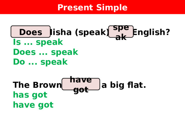 Present Simple Does speak _______ Misha (speak) ____ English?  Is ... speak  Does ... speak  Do ... speak  The Browns _______ a big flat.  has got  have got  have got 