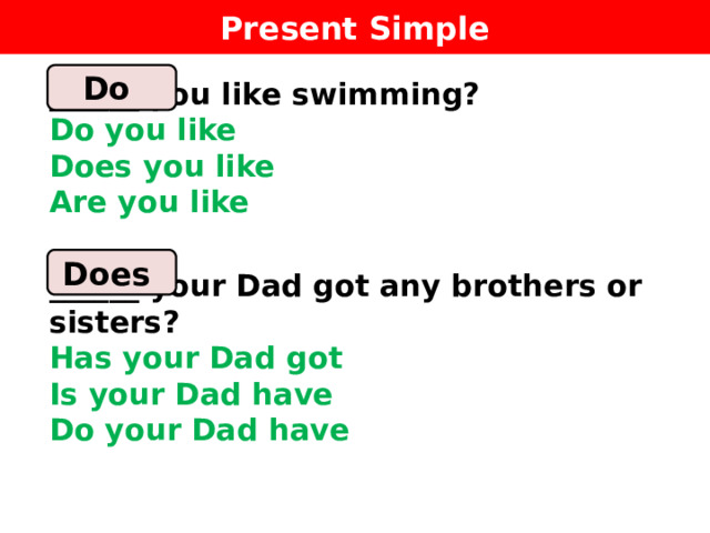 Present Simple Do ______ you like swimming?  Do you like  Does you like  Are you like  ______ your Dad got any brothers or sisters?  Has your Dad got  Is your Dad have  Do your Dad have  Does 