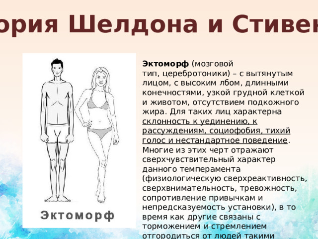 Теория Шелдона и Стивенса Эктоморф  (мозговой тип, церебротоники) – с вытянутым лицом, с высоким лбом, длинными конечностями, узкой грудной клеткой и животом, отсутствием подкожного жира. Для таких лиц характерна склонность к уединению, к рассуждениям, социофобия, тихий голос и нестандартное поведение . Многие из этих черт отражают сверхчувствительный характер данного темперамента (физиологическую сверхреактивность, сверхвнимательность, тревожность, сопротивление привычкам и непредсказуемость установки), в то время как другие связаны с торможением и стремлением отгородиться от людей такими способами, как сдержанность в движениях, скрытность, социофобия, подавление способности к общению. 