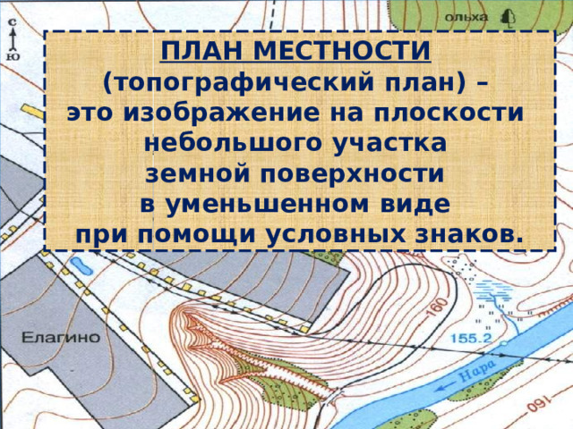 ПЛАН МЕСТНОСТИ (топографический план) – это изображение на плоскости небольшого участка земной поверхности в уменьшенном виде при помощи условных знаков. 