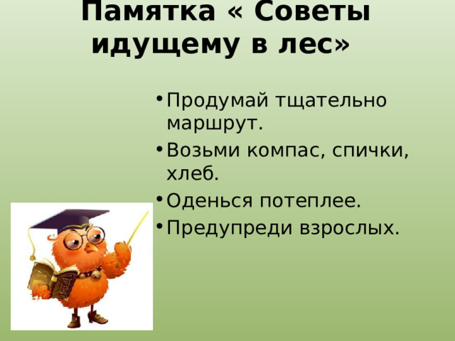 Памятка « Советы идущему в лес»     Продумай тщательно маршрут. Возьми компас, спички, хлеб. Оденься потеплее. Предупреди взрослых.   