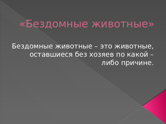 «Бездомные животные»   Бездомные животные – это животные, оставшиеся без хозяев по какой – либо причине. 
