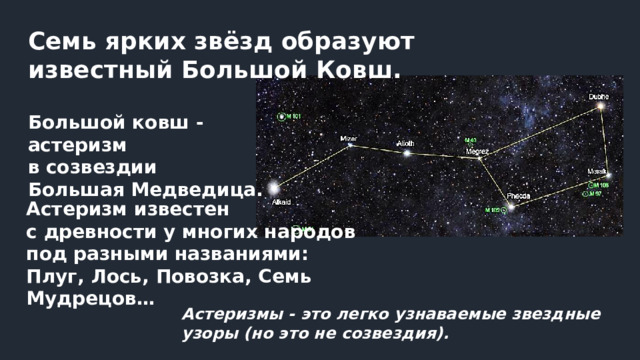   Семь ярких звёзд образуют известный Большой Ковш. Большой ковш - астеризм  в созвездии Большая Медведица. Астеризм известен с древности у многих народов под разными названиями: Плуг, Лось, Повозка, Семь Мудрецов… Астеризмы - это легко узнаваемые звездные узоры (но это не созвездия).  