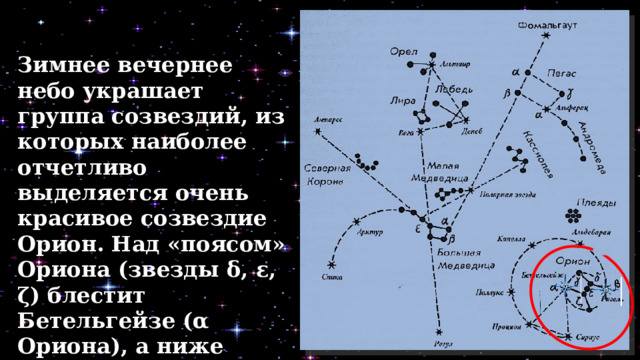 Зимнее вечернее небо украшает группа созвездий, из ко­торых наиболее отчетливо выделяется очень красивое созвез­дие Орион. Над «поясом» Ориона (звезды δ, ε, ζ) блестит Бетельгейзе (α Ориона), а ниже «пояса» - Ри­гель (β Ориона). 