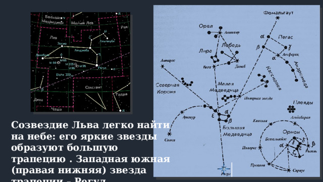  Созвездие Льва легко найти на небе: его яркие звезды образу­ют большую трапецию . Западная южная (правая нижняя) звезда трапеции – Регул (α Льва), а нижняя левая - Денебола. 