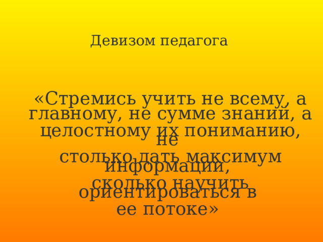 Девизом педагога  « Стремись учить не всему, а главному, не сумме знаний, а целостному их пониманию, не столько дать максимум информации, сколько научить ориентироваться в ее потоке» 