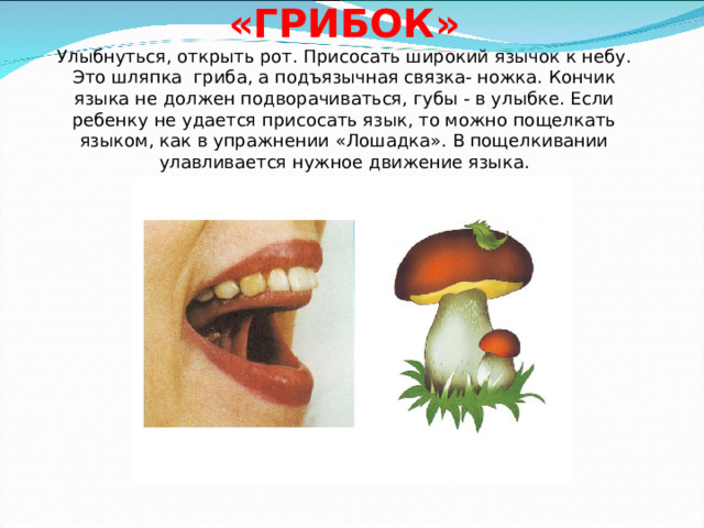 «ГРИБОК»  Улыбнуться, открыть рот. Присосать широкий язычок к небу. Это шляпка гриба, а подъязычная связка- ножка. Кончик языка не должен подворачиваться, губы - в улыбке. Если ребенку не удается присосать язык, то можно пощелкать языком, как в упражнении «Лошадка». В пощелкивании улавливается нужное движение языка.   