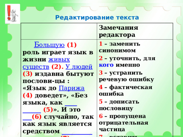 Редактирование текста Редактирование текста Замечания редактора  Б ольшую  (1) роль играет язык в жизни живых существ  (2).  У людей  (3) издавна бытуют послови-цы : «Язык до Парижа  (4) доведет», «Без языка, как ____ ______  (5) ». И это ___ (6) случайно, так как язык является средством __________ и __________ (7) . 1 – заменить синонимом 2 – уточнить, для кого именно 3 – устранить речевую ошибку 4 – фактическая ошибка 5 – дописать пословицу 6 – пропущена отрицательная частица 7 – вставить пропущенные слова     