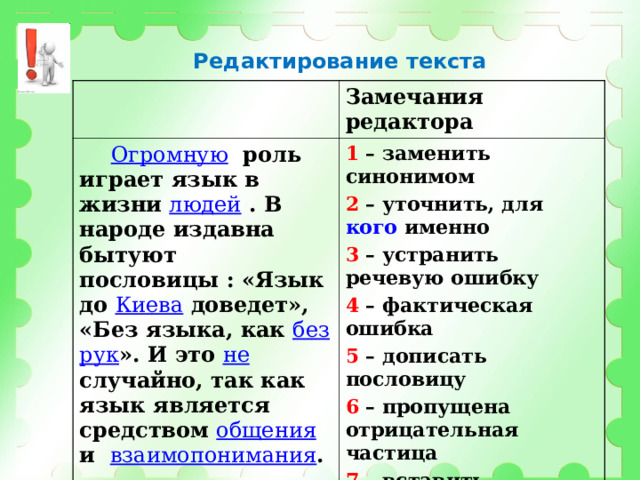 Редактирование текста Редактирование текста Замечания редактора Огромную роль играет язык в жизни людей . В народе издавна бытуют пословицы : «Язык до Киева доведет», «Без языка, как без рук ». И это  не случайно, так как язык является средством общения  и взаимопонимания . 1 – заменить синонимом 2 – уточнить, для кого именно 3 – устранить речевую ошибку 4 – фактическая ошибка 5 – дописать пословицу 6 – пропущена отрицательная частица 7 – вставить пропущенные слова     