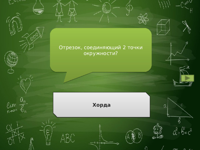 Отрезок, соединяющий 2 точки окружности? Хорда Ответ 