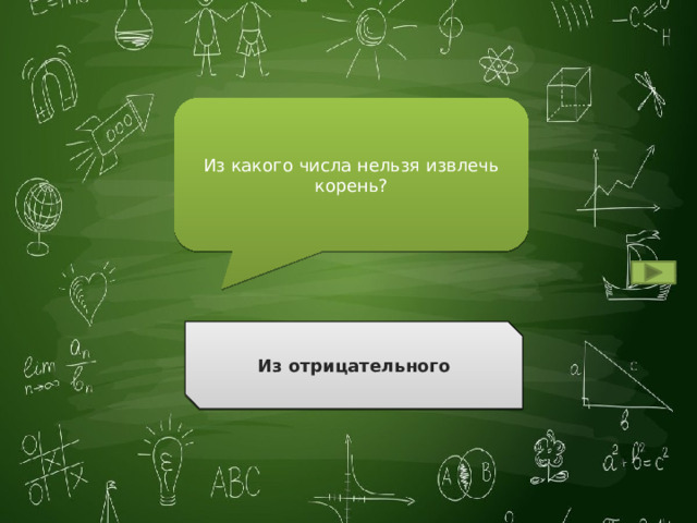 Из какого числа нельзя извлечь корень? Из отрицательного Ответ 