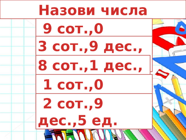Назови числа  9 сот.,0 дес.,0 ед. 3 сот.,9 дес., 0 ед. 8 сот.,1 дес., 0 ед.  1 сот.,0 дес.,0 ед.  2 сот.,9 дес.,5 ед. 