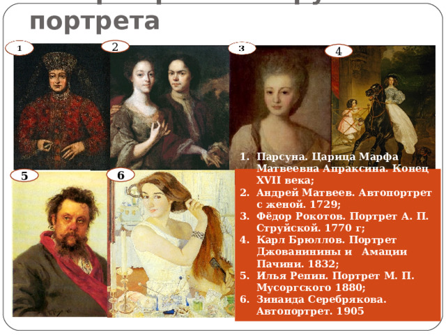 История развития русского портрета 2 4 6 Парсуна. Царица Марфа Матвеевна Апраксина. Конец XVII века; Андрей Матвеев. Автопортрет с женой. 1729; Фёдор Рокотов. Портрет А. П. Струйской. 1770 г; Карл Брюллов. Портрет Джованинины и Амации Пачини. 1832; Илья Репин. Портрет М. П. Мусоргского 1880; Зинаида Серебрякова. Автопортрет. 1905 5 