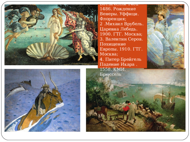 1. Сандро Боттичелли 1482-1486. Рождение Венеры. Уффици. Флоренция; 2 .Михаил Врубель. Царевна Лебедь. 1900. ГТГ. Москва; 3. Валентин Серов. Похищение Европы. 1910. ГТГ. Москва; 4. Питер Брейгель Падение Икара . 1558. КМИ. Брюссель 