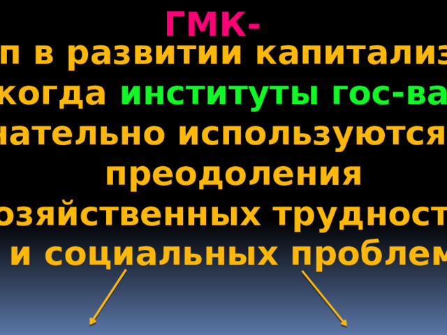   этап в развитии капитализма, когда институты гос-ва сознательно используются для  преодоления  хозяйственных трудностей  и социальных проблем   ГМК- 