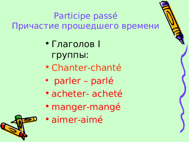 Participe passé  Причастие прошедшего времени   Глаголов I группы: Chanter-chanté  parler – parlé acheter- acheté manger-mangé aimer-aimé  