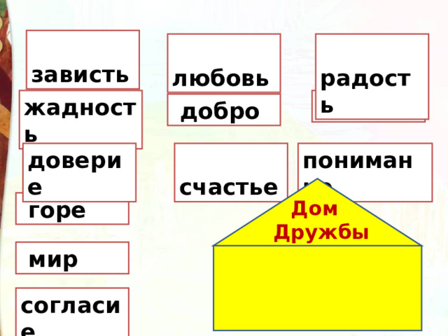  зависть  любовь  радость  злость жадность  добро  счастье доверие понимание  горе Дом  Дружбы  мир согласие 