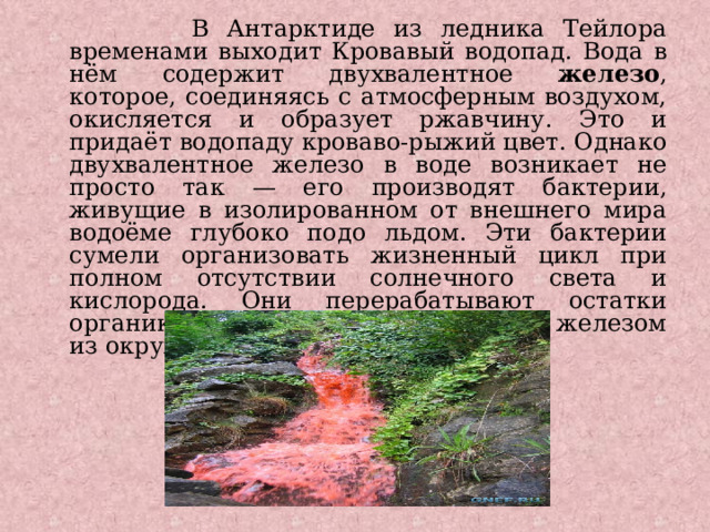  В Антарктиде из ледника Тейлора временами выходит Кровавый водопад. Вода в нём содержит двухвалентное железо , которое, соединяясь с атмосферным воздухом, окисляется и образует ржавчину. Это и придаёт водопаду кроваво-рыжий цвет. Однако двухвалентное железо в воде возникает не просто так — его производят бактерии, живущие в изолированном от внешнего мира водоёме глубоко подо льдом. Эти бактерии сумели организовать жизненный цикл при полном отсутствии солнечного света и кислорода. Они перерабатывают остатки органики, а «дышат» трёхвалентным железом из окружающих пород. 
