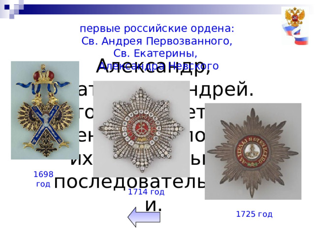 первые российские ордена: Св. Андрея Первозванного, Св. Екатерины, Александра Невского Александр, Екатерина, Андрей. Что связывает эти имена. Расположите их в правильной последовательности. 1698 год 1714 год 1725 год 
