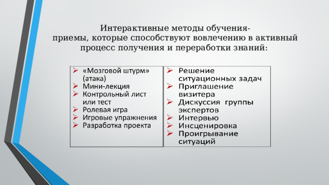 Интерактивные методы обучения-  приемы, которые способствуют вовлечению в активный процесс получения и переработки знаний:   