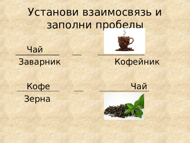 Установи взаимосвязь и заполни пробелы  Чай  Заварник Кофейник  Кофе Чай  Зерна 