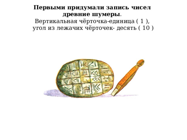 Первыми придумали запись чисел  древние шумеры .  Вертикальная чёрточка-единица ( 1 ),  угол из лежачих чёрточек- десять ( 10 ) 