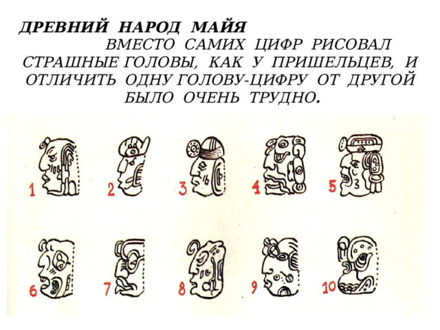 ДРЕВНИЙ НАРОД МАЙЯ ВМЕСТО САМИХ ЦИФР РИСОВАЛ СТРАШНЫЕ ГОЛОВЫ, КАК У ПРИШЕЛЬЦЕВ, И ОТЛИЧИТЬ ОДНУ ГОЛОВУ-ЦИФРУ ОТ ДРУГОЙ БЫЛО ОЧЕНЬ ТРУДНО . 