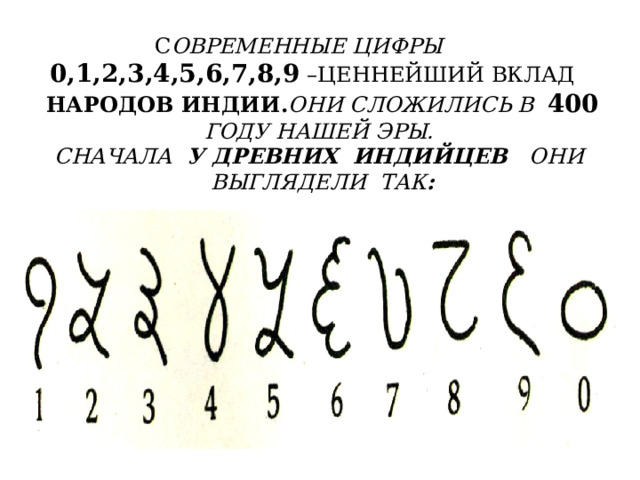 С ОВРЕМЕННЫЕ ЦИФРЫ 0,1,2,3,4,5,6,7,8,9 –ЦЕННЕЙШИЙ ВКЛАД НАРОДОВ ИНДИИ. ОНИ СЛОЖИЛИСЬ В 400 ГОДУ НАШЕЙ ЭРЫ.  СНАЧАЛА У ДРЕВНИХ ИНДИЙЦЕВ ОНИ ВЫГЛЯДЕЛИ ТАК : 
