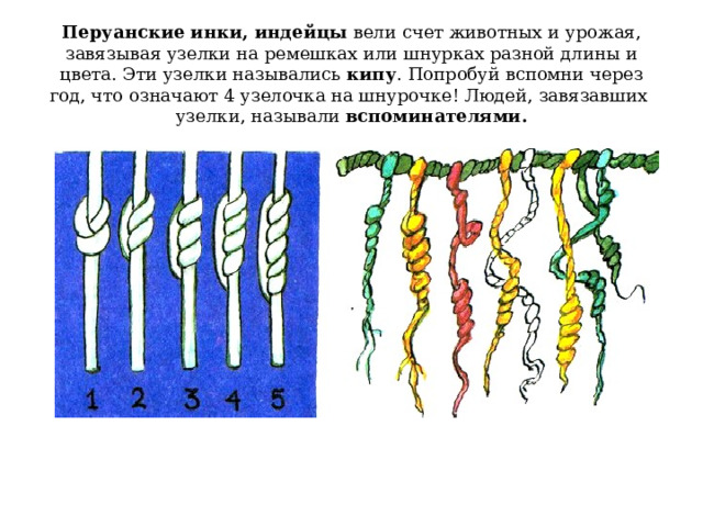 Перуанские инки, индейцы вели счет животных и урожая, завязывая узелки на ремешках или шнурках разной длины и цвета. Эти узелки назывались кипу . Попробуй вспомни через год, что означают 4 узелочка на шнурочке! Людей, завязавших узелки, называли вспоминателями. 