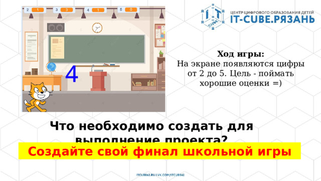 Ход игры: На экране появляются цифры от 2 до 5. Цель - поймать хорошие оценки =) Что необходимо создать для выполнение проекта? Создайте свой финал школьной игры 
