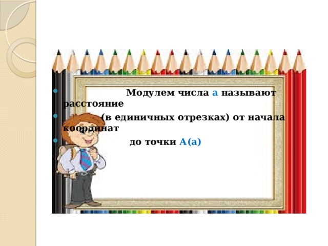  Модулем числа а называют расстояние  (в единичных отрезках) от начала координат  до точки А(а) 