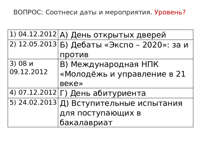 ВОПРОС: Соотнеси даты и мероприятия. Уровень?   1) 04.12.2012 А) День открытых дверей 2) 12.05.2013 Б) Дебаты «Экспо – 2020»: за и против 3) 08 и 09.12.2012 В) Международная НПК «Молодёжь и управление в 21 веке» 4) 07.12.2012 Г) День абитуриента 5) 24.02.2013 Д) Вступительные испытания для поступающих в бакалавриат 