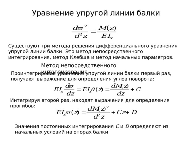Уравнение упругой линии балки Метод непосредственного интегрирования Значения постоянных интегрирования С  и D определяют из начальных условий на опорах балки 