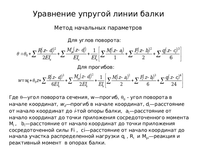 Уравнение упругой линии балки Метод начальных параметров Где  —угол поворота сечения, w —прогиб,  0 - угол поворота в начале координат, w 0 — прогиб в начале координат , d i — расстояние от начало координат до i -той опоры балки, a i — расстояние от начало координат до точки приложения сосредоточенного момента M i , b i — расстояние от начало координат до точки приложения сосредоточенной силы Fi ,  с i— расстояние от начало координат до начала участка распределенной нагрузки q i  , R i  и М р i — реакция и реактивный момент в опорах балки. 