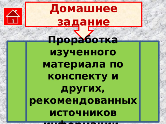 Домашнее задание Проработка изученного материала по конспекту и других, рекомендованных источников информации. 