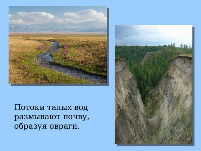 Потоки талых вод размывают почву, образуя овраги. 