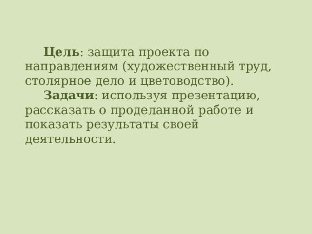 Цель : защита проекта по направлениям (художественный труд, столярное дело и цветоводство). Задачи : используя презентацию, рассказать о проделанной работе и показать результаты своей деятельности. 