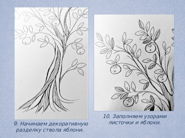 10. Заполняем узорами листочки и яблоки. 9. Начинаем декоративную разделку ствола яблони. 