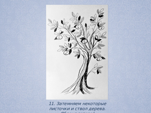 11. Затемняем некоторые листочки и ствол дерева. Яблоня готова! 