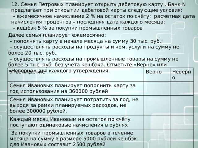 12. Семья Петровых планирует открыть дебетовую карту . Банк N предлагает при открытии дебетовой карты следующие условия: – ежемесячное начисление 2 % на остаток по счёту; расчётная дата начисления процентов – последняя дата каждого месяца; – кешбэк 5 % за покупки промышленных товаров Далее семья планирует ежемесячно: – пополнять карту в начале месяца на сумму 30 тыс. руб.; – осуществлять расходы на продукты и ком. услуги на сумму не более 20 тыс. руб., – осуществлять расходы на промышленные товары на сумму не более 5 тыс. руб. без учета кешбэка. Отметьте «Верно» или «Неверно» для каждого утверждения. Утверждение Семья Ивановых планирует пополнить карту за год использования на 360000 рублей Верно Неверно Семья Ивановых планирует потратить за год, не выходя за рамки планируемых расходов, не более 300000 рублей. Каждый месяц Ивановым на остаток по счёту поступают одинаковые начисления в рублях  За покупки промышленных товаров в течение месяца на сумму в размере 5000 рублей кешбэк для Ивановых составит 2500 рублей 