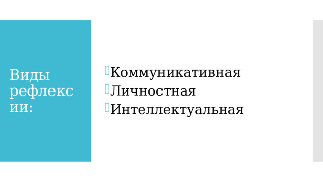 Коммуникативная Личностная Интеллектуальная Виды рефлексии: 