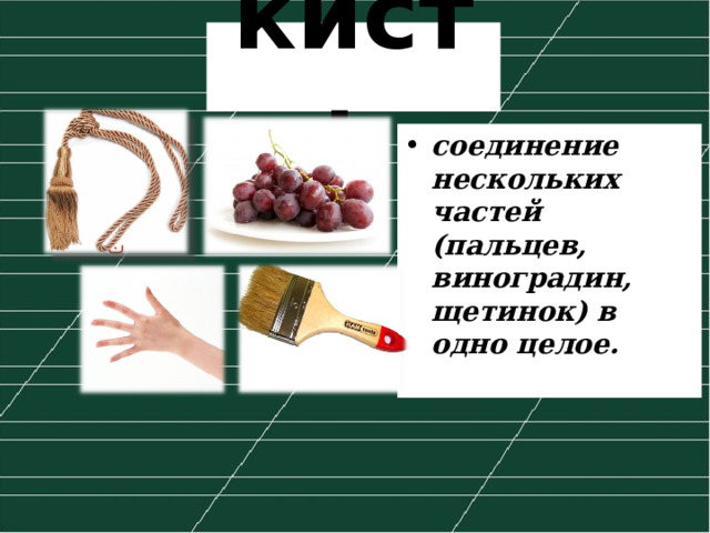 кисть соединение нескольких частей (пальцев, виноградин, щетинок) в одно целое. 