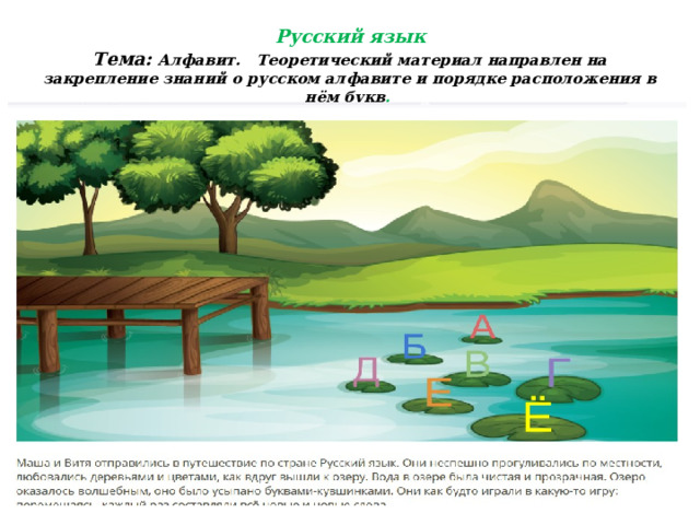 Русский язык  Тема: Алфавит.  Теоретический материал направлен на закрепление знаний о русском алфавите и порядке расположения в нём букв . Русский алфавит  Теоретический материал направлен на закрепление знаний о русском алфавите и порядке расположения в нём букв. 