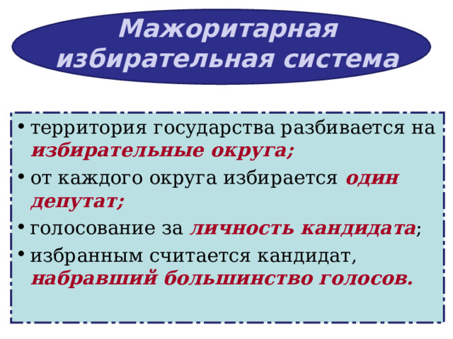 Мажоритарная избирательная система территория государства разбивается на избирательные округа; от каждого округа избирается один депутат; голосование за личность кандидата ; избранным считается кандидат, набравший большинство голосов.  