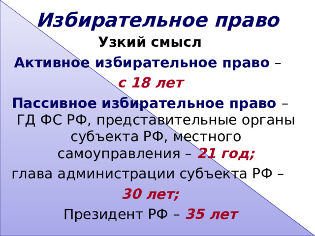 Избирательное право Узкий смысл Активное избирательное право – с 18 лет Пассивное избирательное право – ГД ФС РФ, представительные органы субъекта РФ, местного самоуправления – 21 год; глава администрации субъекта РФ – 30 лет; Президент РФ – 35 лет  