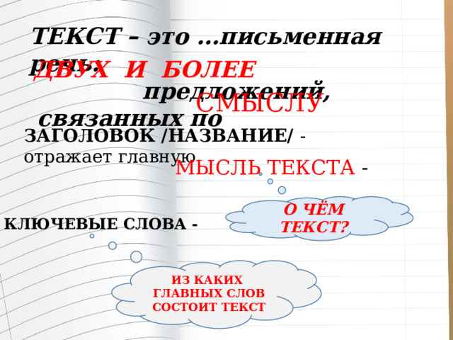 ТЕКСТ – это …письменная речь:      предложений,  связанных по ДВУХ И БОЛЕЕ СМЫСЛУ  ЗАГОЛОВОК /НАЗВАНИЕ/ - отражает главную МЫСЛЬ ТЕКСТА - О ЧЁМ ТЕКСТ? КЛЮЧЕВЫЕ СЛОВА - ИЗ КАКИХ ГЛАВНЫХ СЛОВ СОСТОИТ ТЕКСТ 