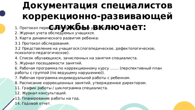 Документация специалистов коррекционно-развивающей службы включает: 1. Протокол первичного обследования учащегося. 2. Журнал учета обследуемых учащихся. 3. Карта динамического развития ребенка: 3.1 Протокол обследования. 3.2 Представление на учащегося.(логопедическое, дефектологическое, психолого-педагогическое). 4. Список обучающихся, зачисленных на занятия специалиста. 5. Журнал посещаемости занятий. 6. Рабочая программа по коррекционному курсу ……. (перспективный план работы с группой (по ведущему нарушению)). 7. Рабочая программа индивидуальной работы с ребенком. 8. Расписание коррекционных занятий, утвержденное директором. 11. График работы / циклограмма специалиста. 12. Журнал консультаций. 13. Планирование работы на год. 14. Годовой отчет. 