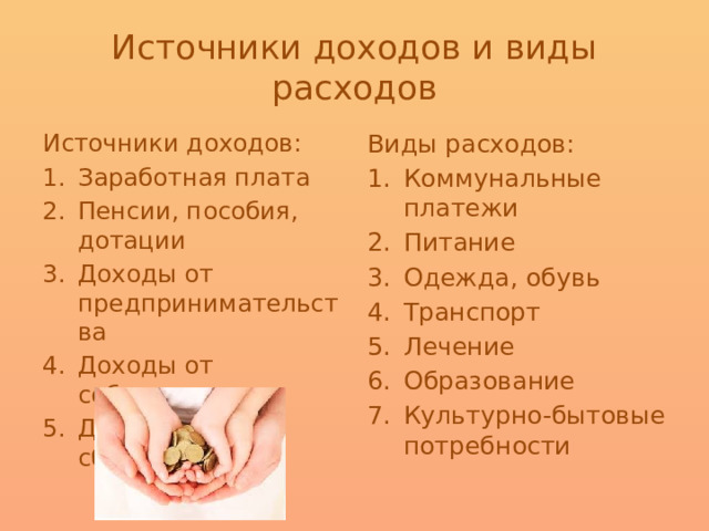 Источники доходов и виды расходов Источники доходов: Виды расходов: Заработная плата Пенсии, пособия, дотации Доходы от предпринимательства Доходы от собственности Доходы от сбережений Коммунальные платежи Питание Одежда, обувь Транспорт Лечение Образование Культурно-бытовые потребности 