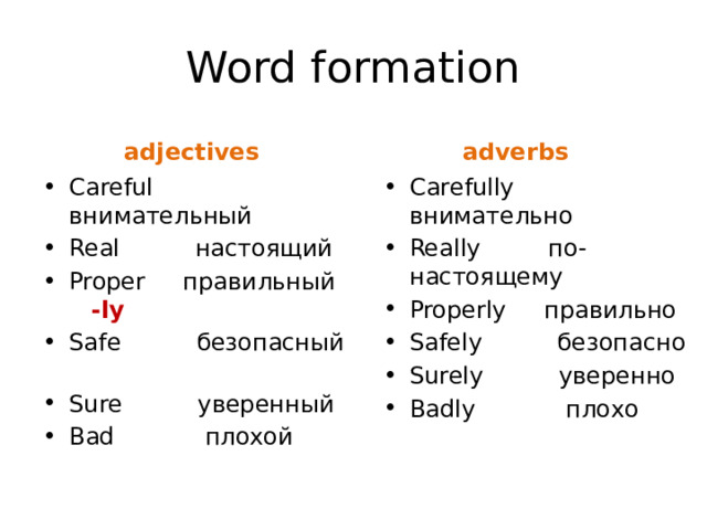 Word formation adjectives adverbs Careful внимательный Real настоящий Proper правильный -ly Safe безопасный Sure уверенный Bad плохой Carefully внимательно Really по-настоящему Properly правильно Safely безопасно Surely уверенно Badly плохо 