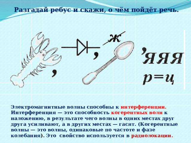 Разгадай ребус и скажи, о чём пойдёт речь. Электромагнитные волны способны к интерференции. Интерференция — это способность когерентных волн к наложению, в результате чего волны в одних местах друг друга усиливают, а в других местах — гасят. (Когерентные волны — это волны, одинаковые по частоте и фазе колебания ). Это свойство используется в радиолокации. 